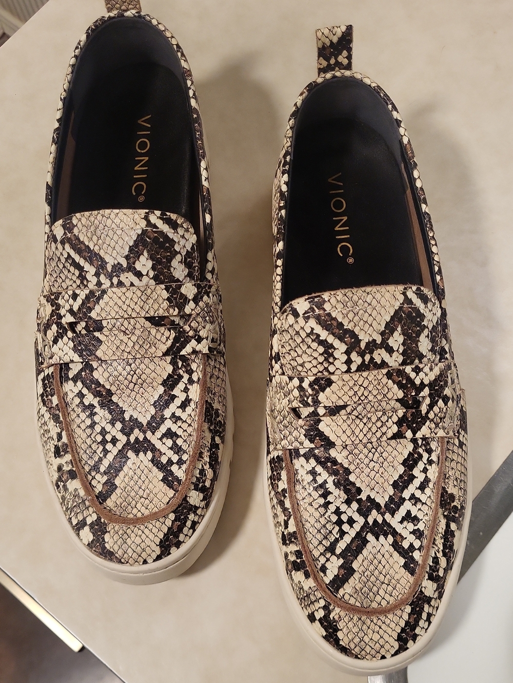 Vionic Womens Snake-Print Loafers in Beige and Black